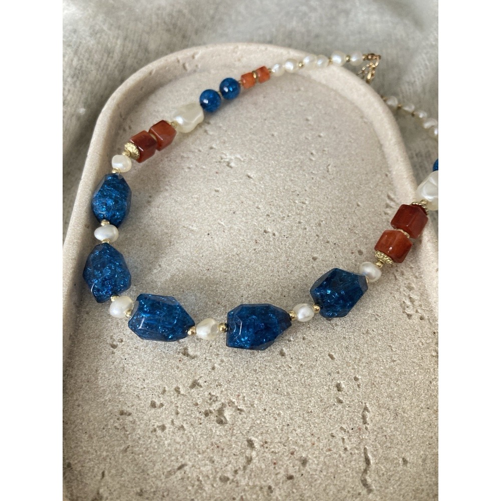Beggars Beads Collar Necklace Blue Crackle Beads Faux Pearl Beaded Romantic Glam
